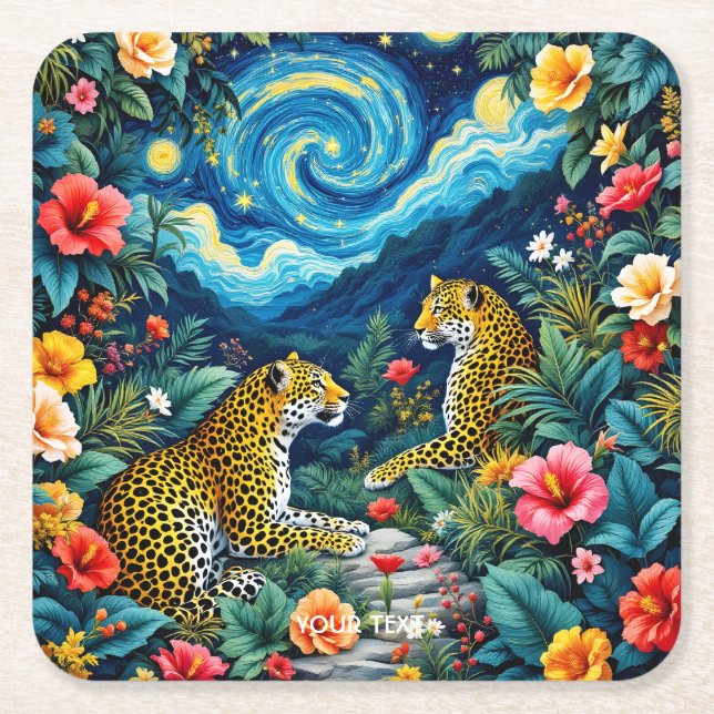 Fantasy Cute Big Cats Flowers Square Paper Coaster (Front)
