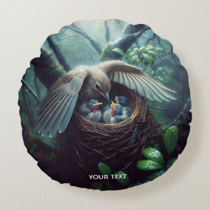 Fantasy Cute Bird Nest Rain Round Pillow