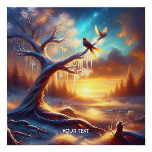 Fantasy Cute Birds Sunset Tree Poster