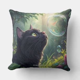 Fantasy Cute Black Cat Forest Throw Pillow