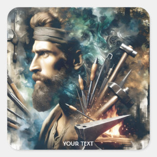 Fantasy Cute Blacksmith And Instruments Square Sticker