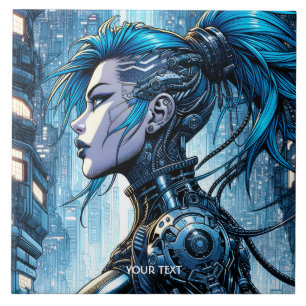 Fantasy Cute Blue Cyborg Girl Tile