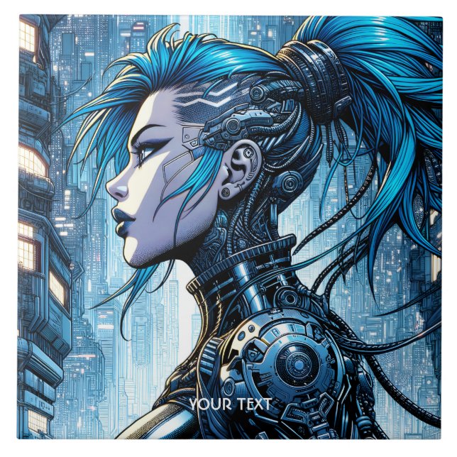 Fantasy Cute Blue Cyborg Girl Tile (Front)
