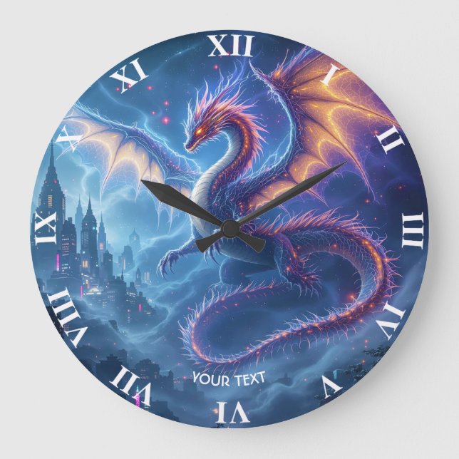 Fantasy Cute Blue Dragon City Large Clock (Front)