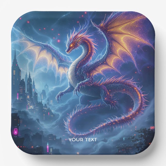 Fantasy Cute Blue Dragon City Paper Plate (Front)