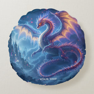 Fantasy Cute Blue Dragon City Round Pillow