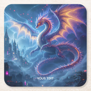 Fantasy Cute Blue Dragon City Square Paper Coaster
