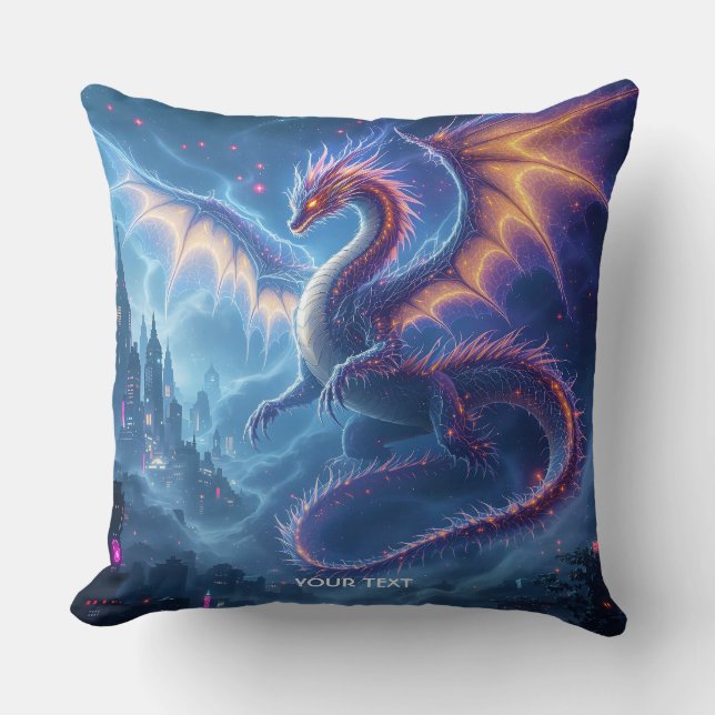 Fantasy Cute Blue Dragon City Throw Pillow (Front)