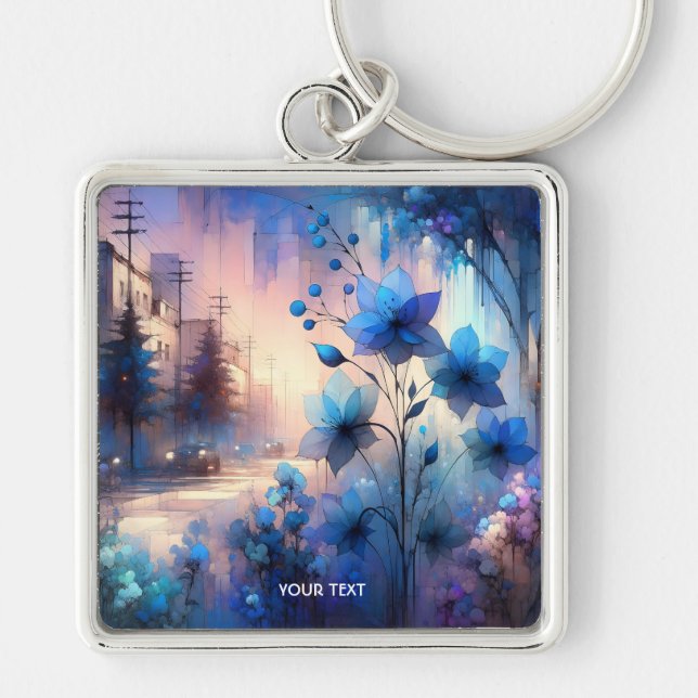 Fantasy Cute Blue Flowers City Keychain (Front)