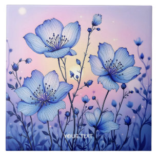 Fantasy Cute Blue Flowers Field Tile