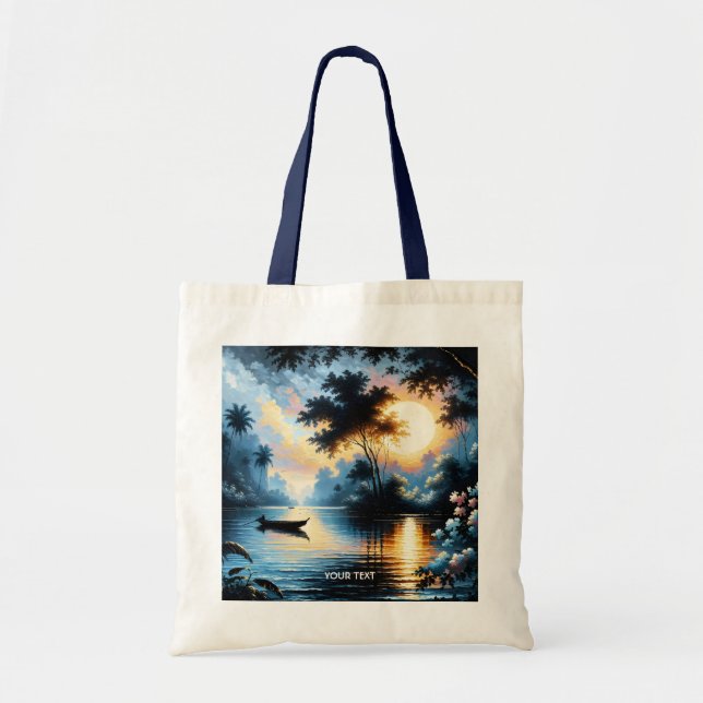 Fantasy Cute Boat Sunset Lake Tote Bag (Front)