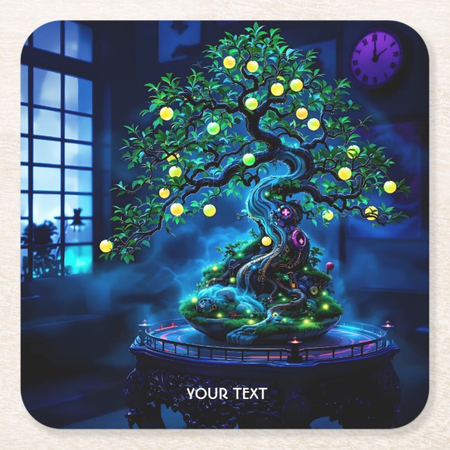 Fantasy Cute Bonsai Tree Lights Square Paper Coaster (Front)