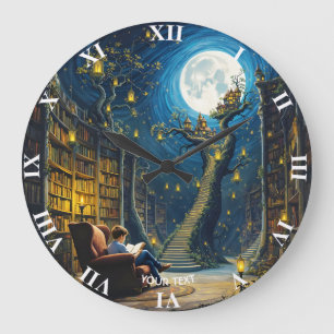 Fantasy Cute Boy Tree Library Large Clock