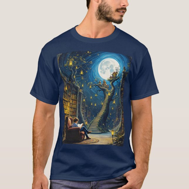 Fantasy Cute Boy Tree Library T-Shirt (Front)
