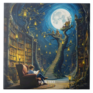 Fantasy Cute Boy Tree Library Tile