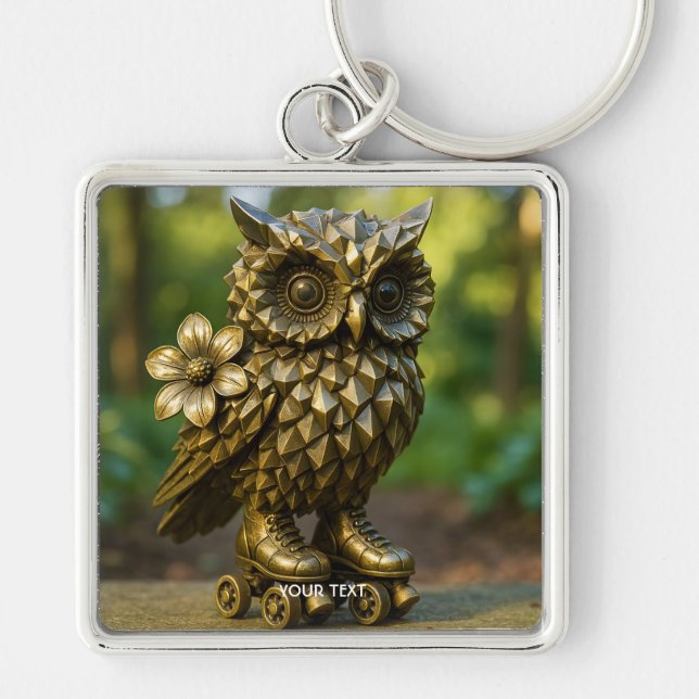 Fantasy Cute Brass Owl Skates Keychain (Front)