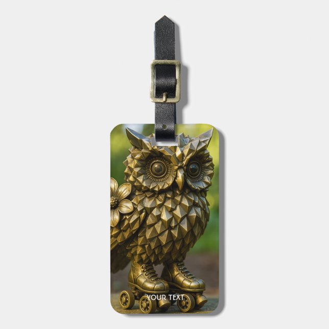 Fantasy Cute Brass Owl Skates Luggage Tag (Front Vertical)