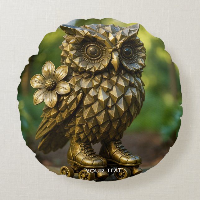 Fantasy Cute Brass Owl Skates Round Pillow (Front)