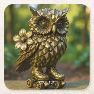Fantasy Cute Brass Owl Skates Square Paper Coaster