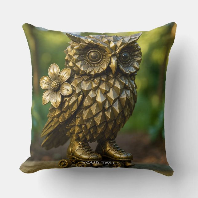 Fantasy Cute Brass Owl Skates Throw Pillow (Front)