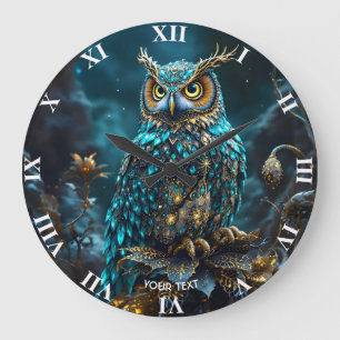 Fantasy Cute Brass Turquoise Owl Large Clock