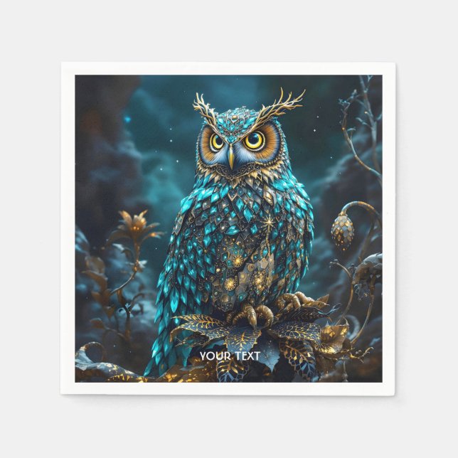 Fantasy Cute Brass Turquoise Owl Napkin (Front)