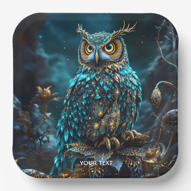 Fantasy Cute Brass Turquoise Owl Paper Plate (Front)