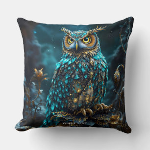 Fantasy Cute Brass Turquoise Owl Throw Pillow