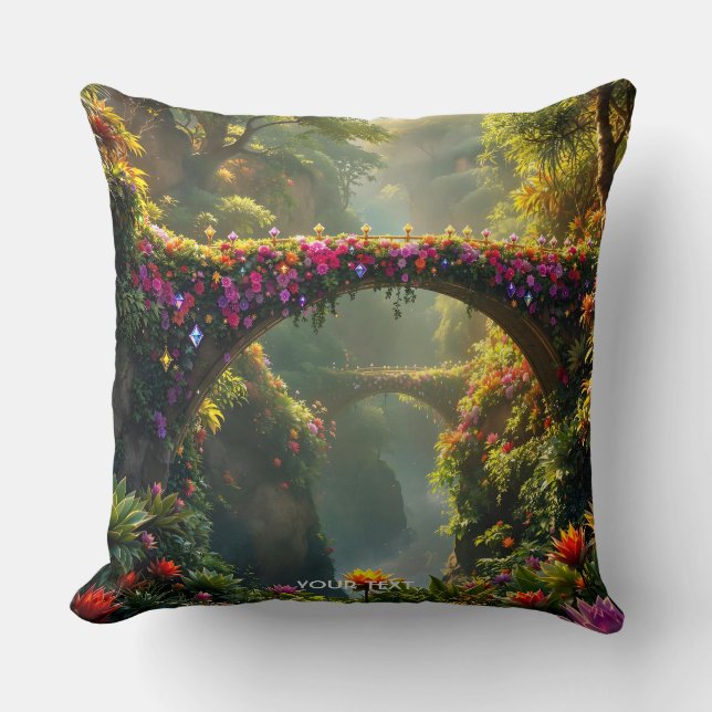 Fantasy Cute Bridge Jungle Flowers Throw Pillow (Front)