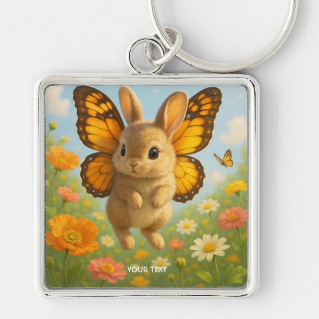 Fantasy Cute Bunny Flowers Wings Keychain (Front)