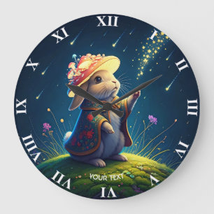 Fantasy Cute Bunny Mushroom Stars Large Clock