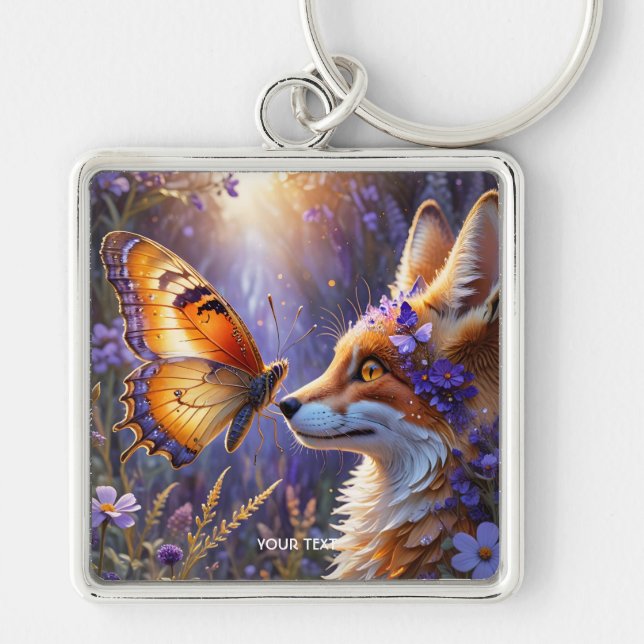 Fantasy Cute Butterfly Fox Flowers Keychain (Front)