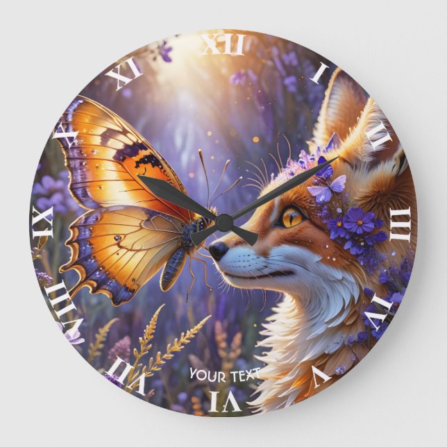Fantasy Cute Butterfly Fox Flowers Large Clock (Front)