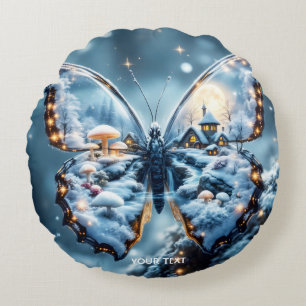 Fantasy Cute Butterfly Mushrooms Winter Round Pillow