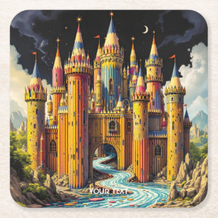 Fantasy Cute Castle From Pencils Square Paper Coaster