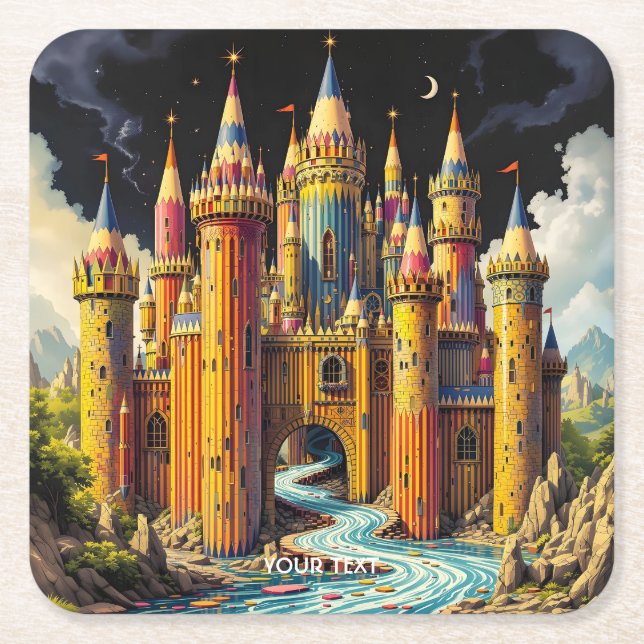 Fantasy Cute Castle From Pencils Square Paper Coaster (Front)