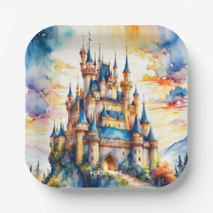 Fantasy Cute Castle Watercolor Forest Paper Plate