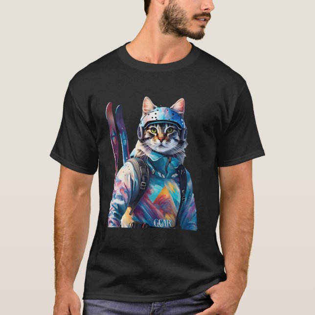 Fantasy Cute Cat Alpine Skis T-Shirt (Front)