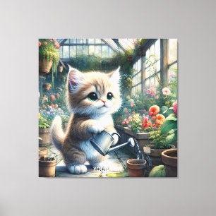 Fantasy Cute Cat Garden Flowers Canvas Print