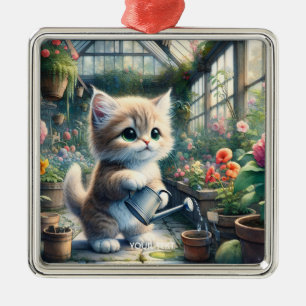 Fantasy Cute Cat Garden Flowers Metal Ornament
