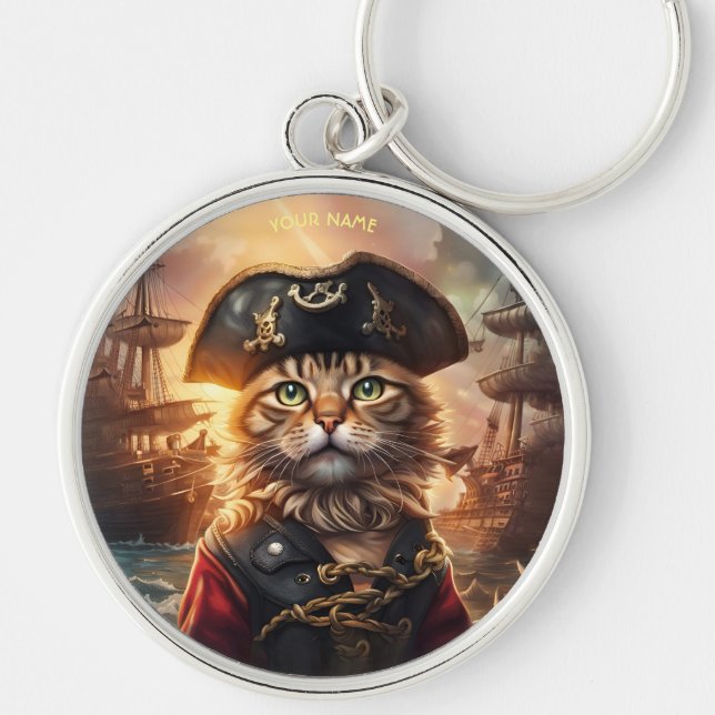 Fantasy Cute Cat Pirate Hat Keychain (Front)