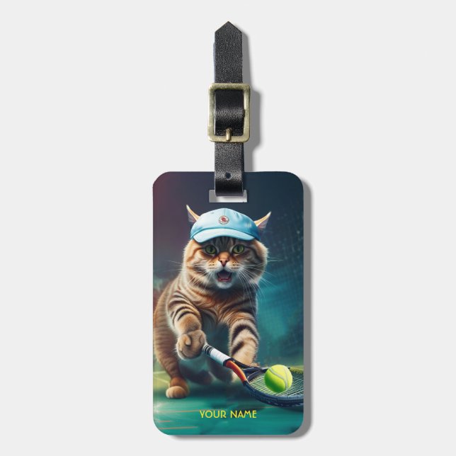 Fantasy Cute Cat Playing Tennis Luggage Tag (Front Vertical)