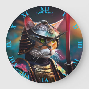 Fantasy Cute Cat Samurai Katana Large Clock