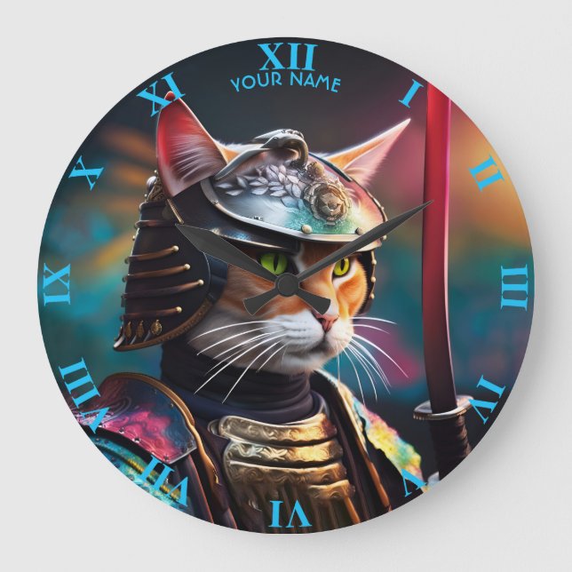 Fantasy Cute Cat Samurai Katana Large Clock (Front)