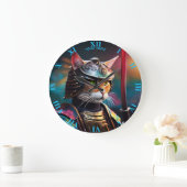 Fantasy Cute Cat Samurai Katana Large Clock (Home)