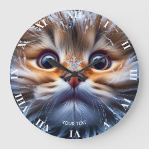 Fantasy Cute Cat Snow Snowflake Large Clock