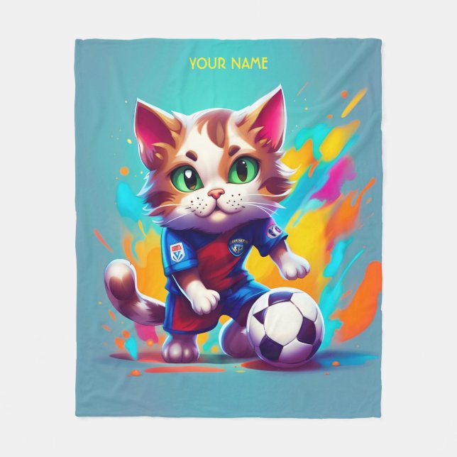 Fantasy Cute Cat Soccer Football Fleece Blanket (Front)