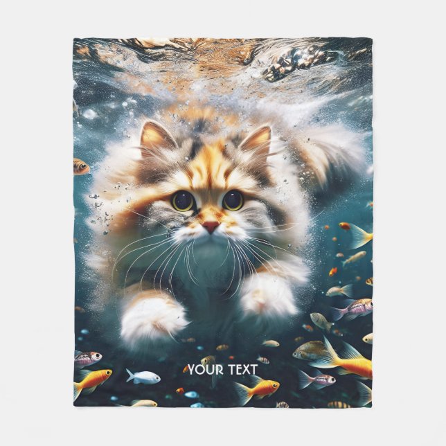 Fantasy Cute Cat Swimming Underwater Fleece Blanket (Front)