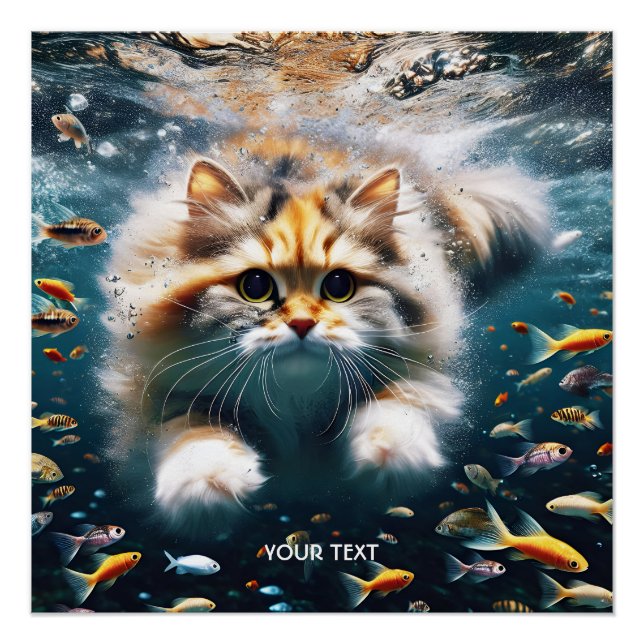 Fantasy Cute Cat Swimming Underwater Poster (Front)