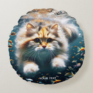 Fantasy Cute Cat Swimming Underwater Round Pillow
